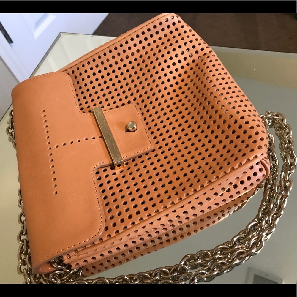 Ann Taylor tan leather purse with gold chain strap